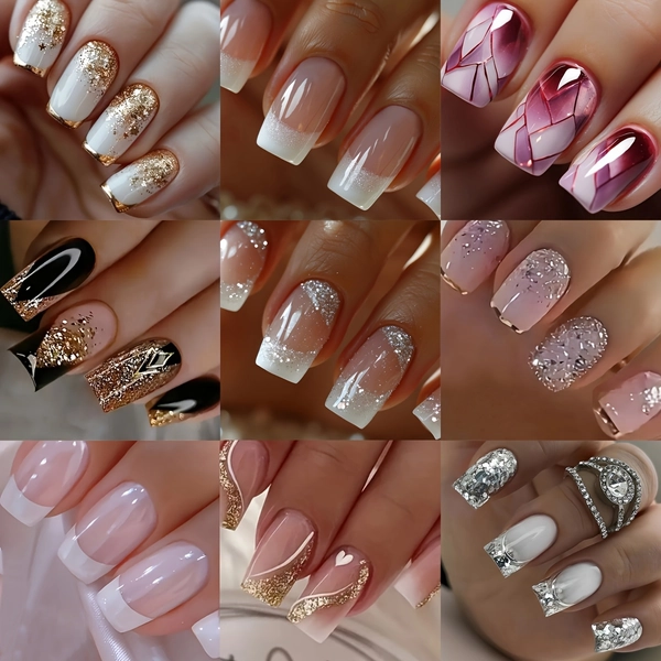 216pcs Short Square Summer White French Style Simple Gradient Glitter Heart Soft Gel Press-On Nails Full Cover Fake Nail Set for Women & s