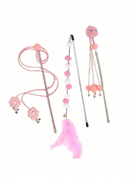 PETSIN 3pcs/Set Cat Teaser Wand Set With Floral Tassel Cartoon Design, Interactive Toy For Indoor Play - Size one-size