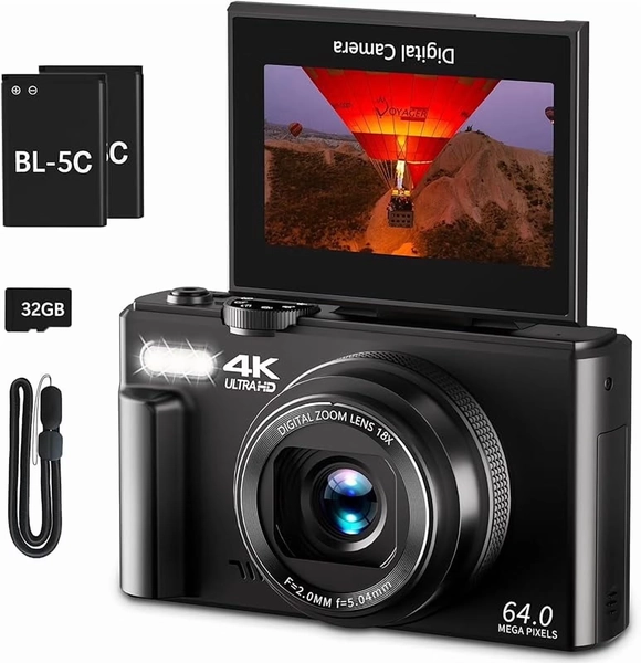 4K Digital Camera for Photography, 64MP Vlogging Camera for YouTube with 3" 180 ° Flip Screen, 18X Digital Zoom Point and Shoot Camara with 32GB Micro SD Card for Beginner (Black)
