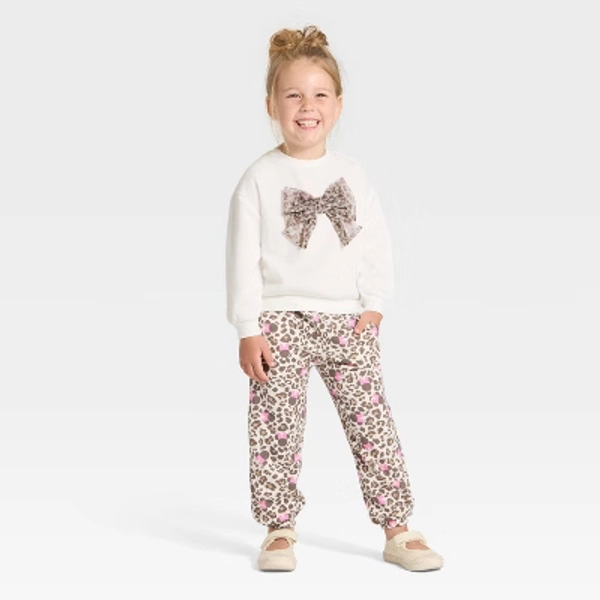 Toddler Girls' 2pc Disney Minnie Mouse Cozy Fleece Animal Printed Sweatshirt with Tulle Bow and Pants Set - Ivory 2T