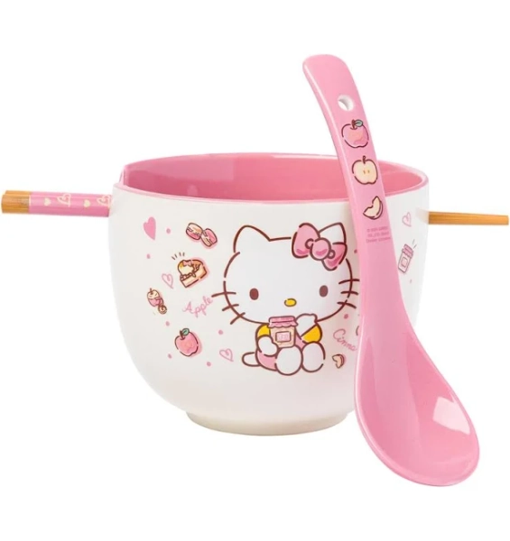 Hello Kitty Ceramic Ramen Bowl with Chopsticks and Spoon