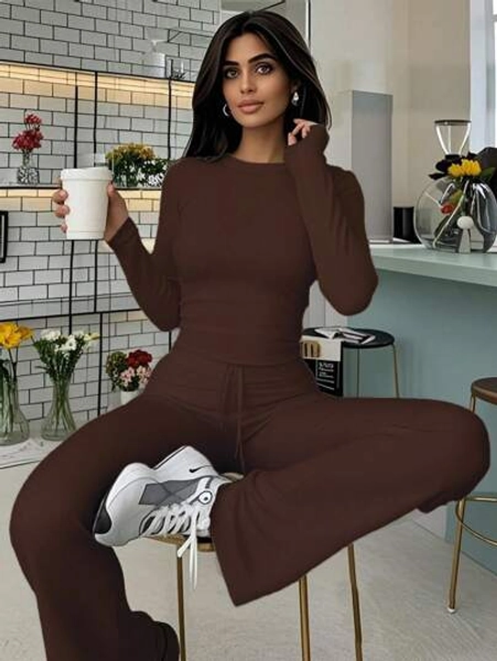 Autumn Women's Fashionable Belly-Baring Long-Sleeved Top, Slim-Fitting Lace-Up Flared Pants Sports Suit