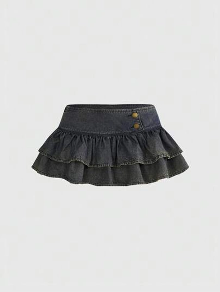 ROMWE Grunge Punk Y2K Retro Low Waist Sexy Double-Layer Ruffle Hem Mini Denim Skirt, Blue - Size S