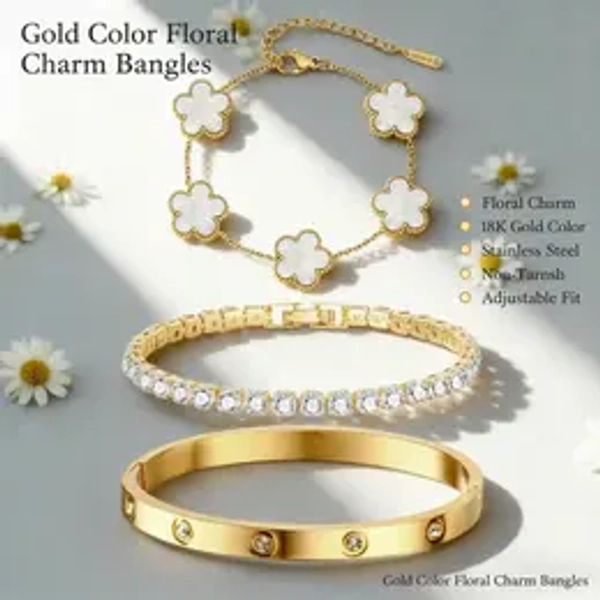 VNOX Women's 3PCS Layered Stack Bangles Set - 18K Gold Zircon Stainless Steel Floral Charm Non Tarnish Adjustable Cuff, Mom Gift, GF Gift, Accessories for Women, Daily Fashion Costume Jewelry,sohochic