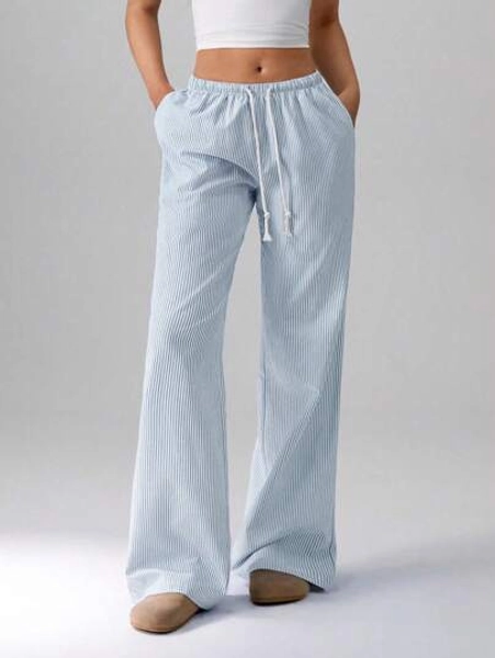 Flirla Pink Cotton Drawstring Waist Straight Leg Pants, Fashion Casual Home Wear For Women, Spring Fall Cloth For Women