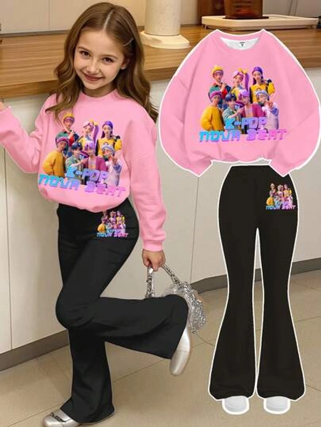 SHEIN Happikins 2pcs/Set Young Girl Dopamine Color, K-POP Cartoon Girl , Back To School, Retro Sweet Maillard Style, Collegiate Chic Relaxed Vibe, Ballet Aesthetic, Casual Loose Fit Crew Neck Long Sleeve Sweatshirt And Flare Pants Outfit, Suitable For Autumn/Winter