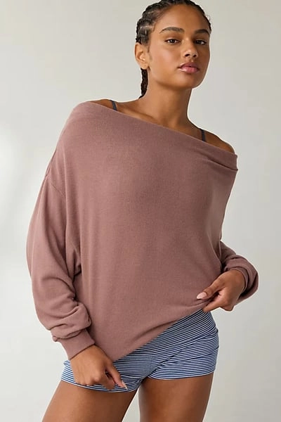 Out From Under Clarity Cozy Knit Off-The-Shoulder Top in Brown, Women's at Urban Outfitters