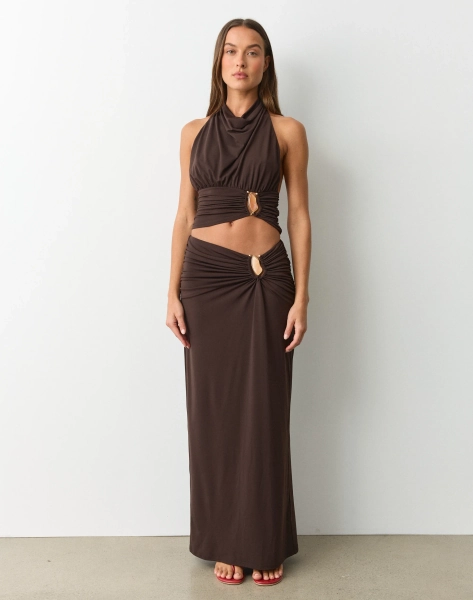 Hardware Detail Ruched Maxi Skirt