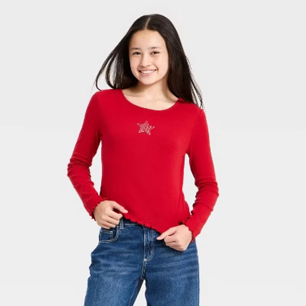 Girls' Long Sleeve Embellished Ribbed T-Shirt - art class™ Red S