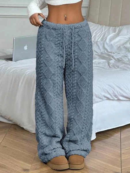 Flirla Women's Geometric Fuzzy Drawstring Waist Wide Leg Loose Casual Pants Fall Cloth For Women