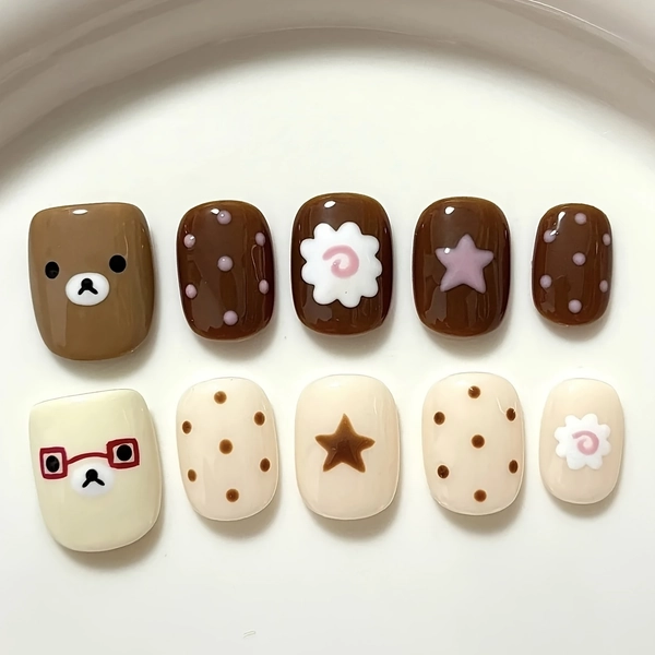 30pcs Short Square False Nails - Brown Cartoon Bear & Heart Cutouts with Glossy Finish, Detachable & Reusable Press-On Nails with Easy Application for Women, Cute Animal Nail Art for Parties, Casual Attire, Winter & Autumn Outfits - Ideal Gift (No Damage, Comfortable) - Handmade Style, Brown Cartoon Bear Pattern, Short Length, Glossy Coating, Perfect for Casual & Formal Events, Includes 30pcs with Adorable Bear & Heart Designs, Suitable for Hand and Foot Care, Party Accessories, Nail
