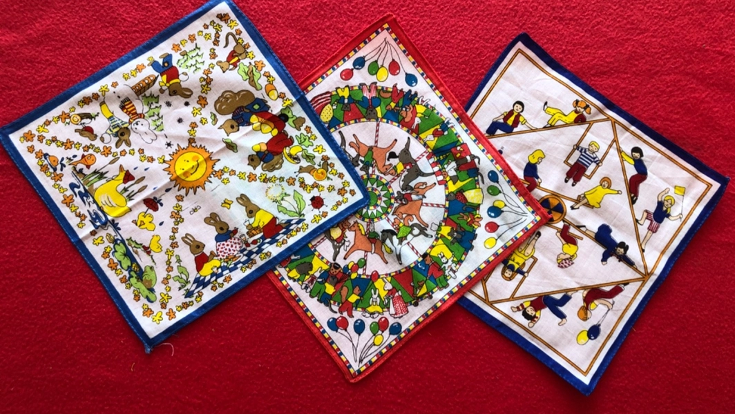 Vintage Childrens Handkerchief Set 3x 1970s Seasons Fairground Playground