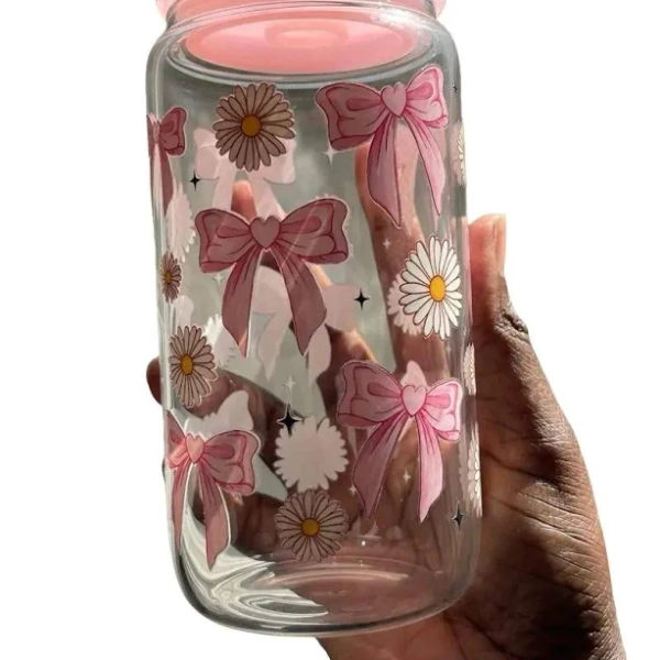 Pink Bow Glass Cup 16oz - Decorative Design with Pink Bow and Floral Elements, Ideal for Drinkware and Mug Use