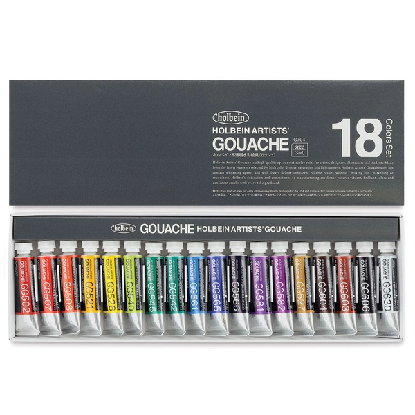 Holbein Artists' Gouache - Set of 18, Assorted Colors, 5 ml Tubes