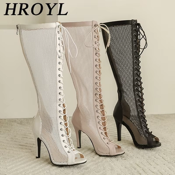 HROYL Over-the-knee Long-tube Ladies Dance Boots Sexy Lace Hollow Mesh Dance Boots Breathable Black Prom Dance Shoes Woman/Girls - AliExpress 201768104