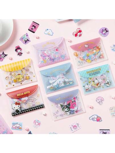 Sanrio Paquete de 40 pegatinas negras lindas que incluyen Hello Kitty, Pompompurin y My Melody, pegatinas de papel con dibujos animados de animales, materiales de decoración scrapbooking DIY con bolsa de almacenamiento de PVC