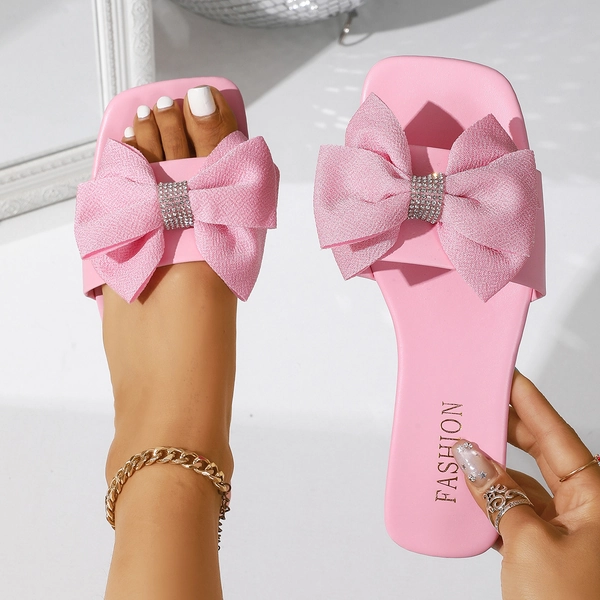 [Pink Bow Rhinestone Slides] Women's Pink Bow Rhinestone Slide Sandals, Open Toe Flat Non-Slip Slippers, Summer Casual Beach House Shoes, Cute Girly Y2K Style Lightweight Slides for Outdoor Vacation Indoor Use, Women Shoes