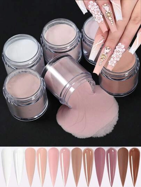 6pcs Acrylic Powder Set, Nude Pink White Color High Glossy Acrylic Powder Set, Nail DIY Art Design, 6 Colors Acrylic Nail Art 3D Nail Sculpture French Nail Extension & Nail Carving, Professional Polymer 3D Acrylic Nail Art Kit, Gift For Women Girls, Long Lasting & Easy To Apply Acrylic Press On Nails