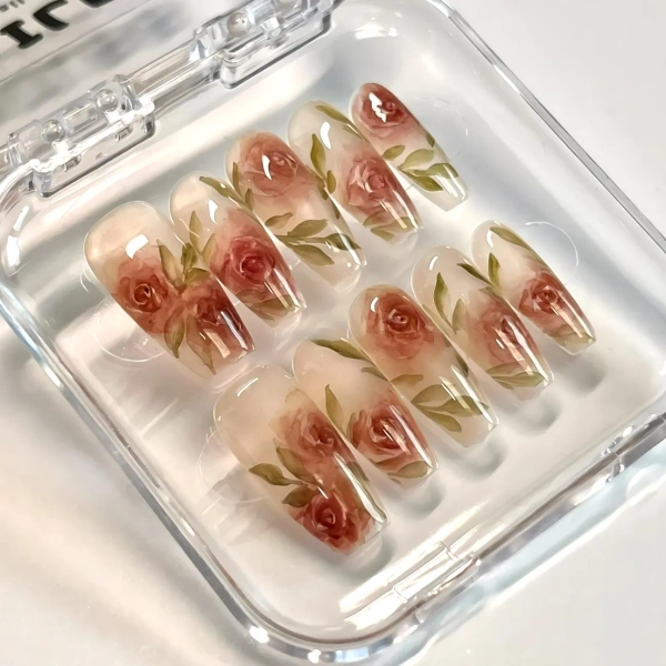 Handmade Painted Rose Garden Floral Press On Nails Flower Nails wedding Nails Dating Nails Summer Nails Coffin Nails Almond nails