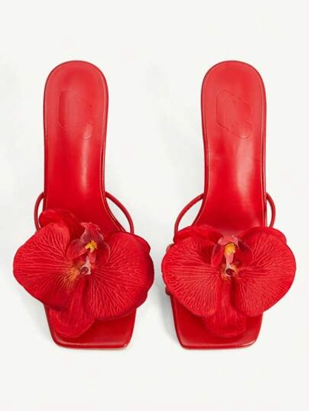 CUCCOO CHICEST Women's Iris Flower Square Toe Elegant Wine Glass Heel Sandals, Red High Heel Slippers Suitable For Beach, Tea Party, Vacation, Summer Hawaii Island Style