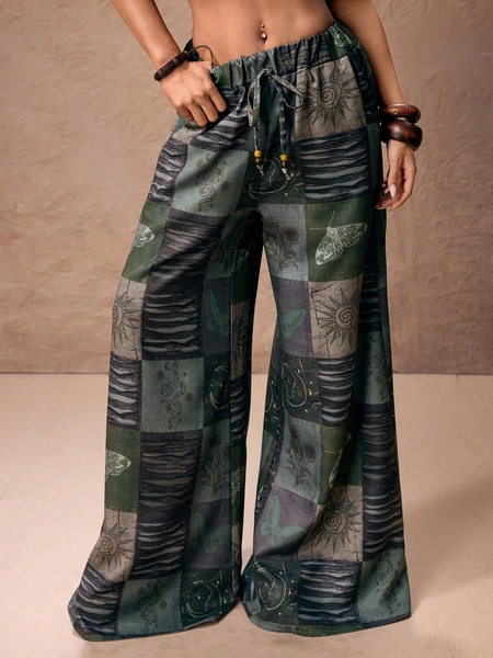 ROMWE PETITE Hippie Star & Moon Plant Patchwork Print Loose Wide Leg Pants For Women