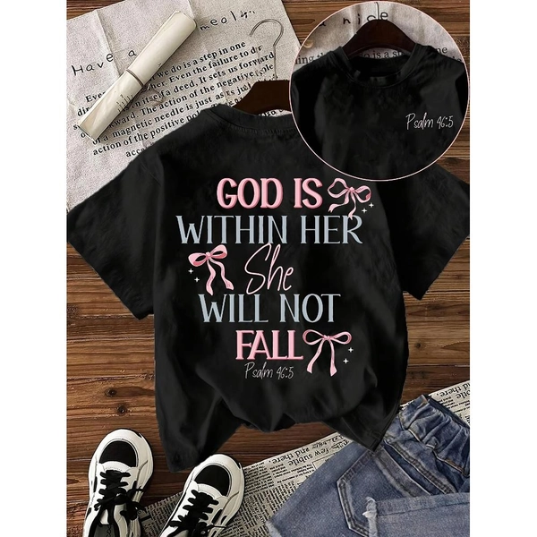 Pink and Blue on Black Women's Christian Bible Verse T-Shirt 'God Is Good in Her, She Shall Not Die' - Psalm 46:5, Casual Short-sleeved Crew Neck Top with Pink Bow Decoration - Faith Clothing, for Church, Bible Study, Daily Wear