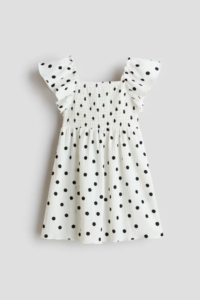 Smocked Dress - White/polka dot