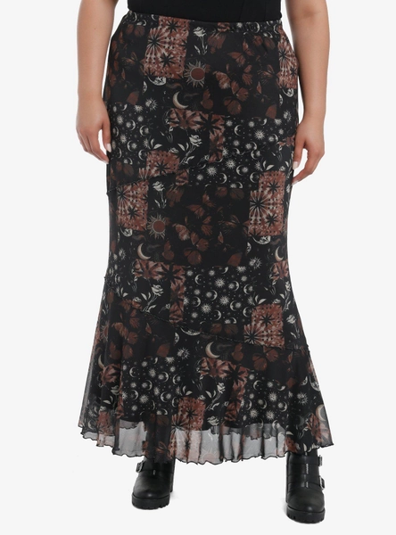 Cosmic Aura Brown & Black Celestial Patchwork Mermaid Maxi Skirt Plus Size