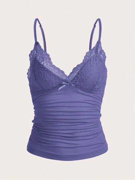 SHEIN ICON Contrast Lace Bow Front Y2k Cami Top