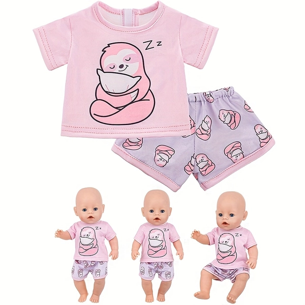 [Cute Doll Outfit] Cute 18-Inch Reborn Doll Clothes Set - Pink Sloth Pattern Top and Shorts | Compatible with Realistic 18" Dolls, Ideal for Pretend Play and Gift Giving (Doll Not Included)
