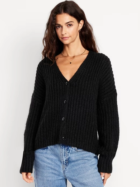 Wool-Blend Shaker-Stitch Cardigan Sweater