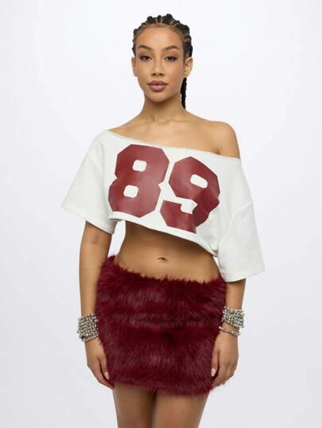 SUMWON WOMEN Off Shoulder Number Jersey Crop Top Short Sleeve Football Basketball Varsity Player Game Day Fan Apparel