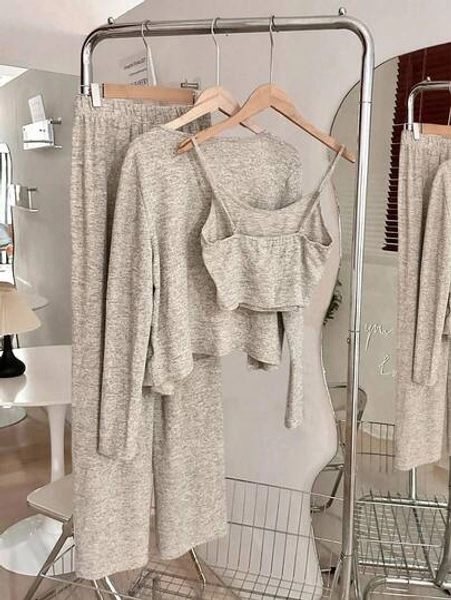SHEIN CURVE+ 3pcs Plus Size Casual Knit Camisole, Solid Color Jacket And Pants Set, Autumn/Winter