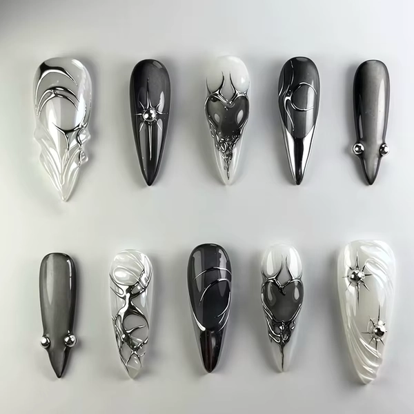 24pcs Black Stiletto Press on Nails Y2k Cat's Eye Design Manicure Pearl Starlight Long Almond False Nails Tip Wearable Fake Nail - AliExpress 