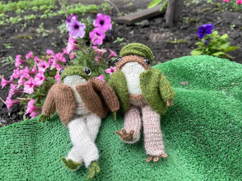Frog and toad knitted, green frog gifts, frog plushie posing brown crochet toad green book lovers toddler gift, teen daughter birthday idea