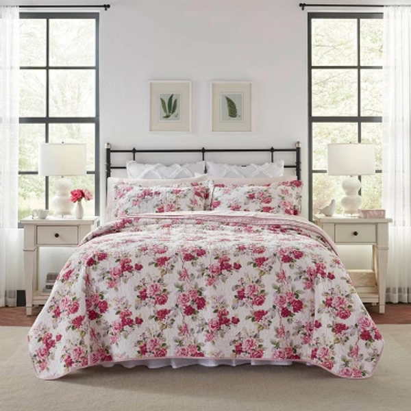 Laura Ashley King Lidia Quilt and Sham Set Pink: Floral Bedding, Pre-Washed, Machine Washable