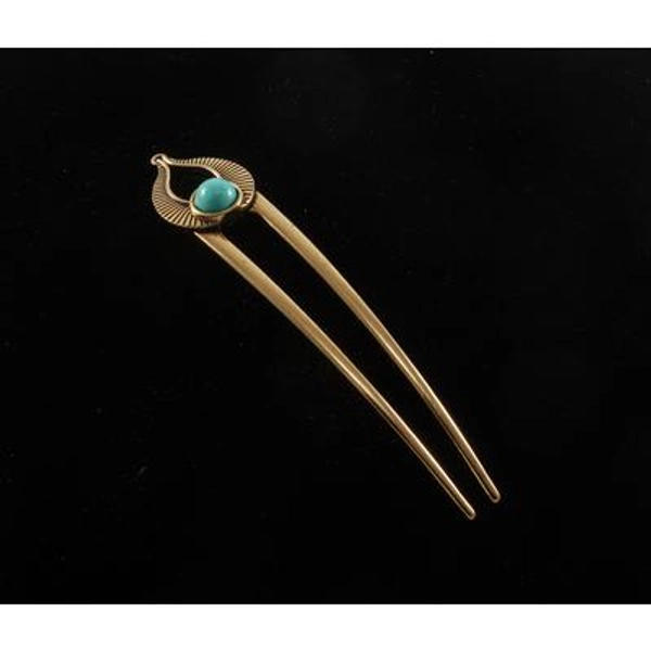 "Vintage Hair Pin Gold Tone Metal Hair Fork Wing Faux Turquoise Accessory 4 5/8\""