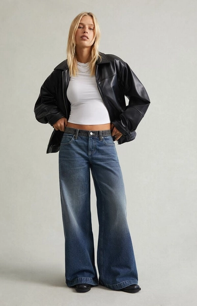 Sloane Low Rise Ultra Baggy Jeans Contrast Waistband Medium Blue