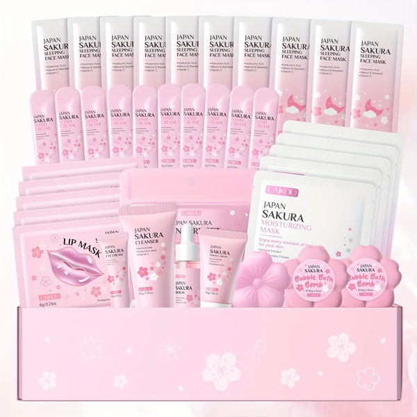Sakura Brightening Skincare Gift Box Set, with Hand Cream &amp; Cream Mask, Lip Mask &amp; Sheet Mask Portable for Travelling, Gentle Cleansing Soap &amp; Face Wash, Bath Bomb, Smoothing Serum, Eye Cream &amp; Moisturizer, Facial Body Care