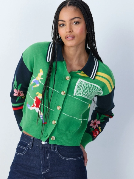 Green/Blue Football Scene Collar Cardigan
