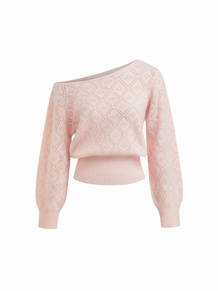 Knit Fabric Two Way Knit Boat Neck Pointelle Oversized Long Sleeve Top For Daily Casual