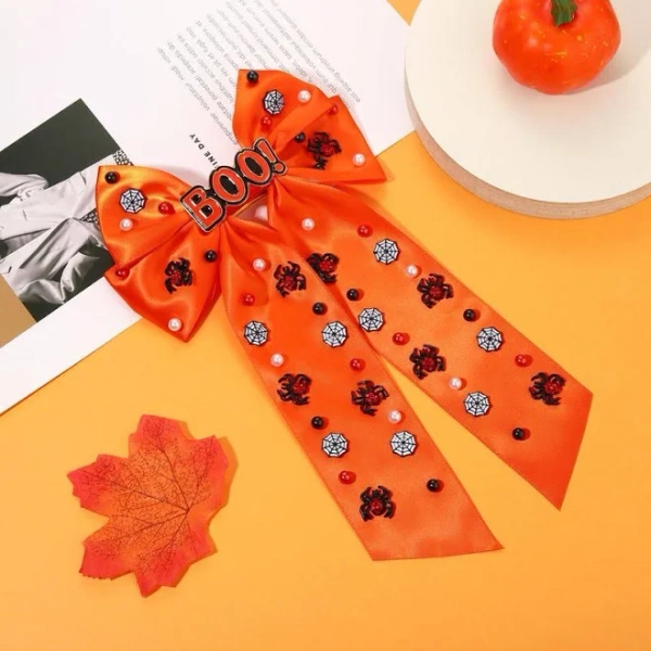 Halloween Hair Bows For Women Pumpkin Ghost Boo Hair Bows Halloween Hair Clips Cheer Bows Jeweled Black Orange Satin Hai