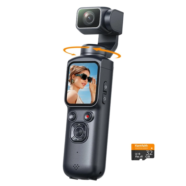 4K Vlogging Camera with Gimbal, 330° Auto Face Tracking, 180° Flip Lens for Selfie, Built-in WiFi, Handheld Pocket Camera for Vloggers, Travelers, Content Creators, Kentfaith