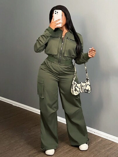Slaydiva 2pcs Women Solid Color Front Zipper Long Sleeve Casual Blouse And Pants Set