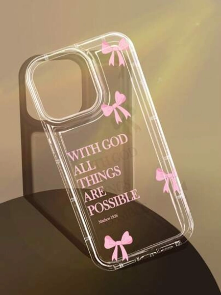 1pc Pink Minimalist Bowknot Slogan Pattern Airbag Anti-Slip Phone Case, Compatible With IPhone 11/12/13/14/15/16 Pro Max Waterproof Shockproof Anti-Fall Scratch Resistant