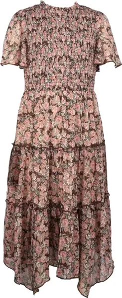 Kids' Metallic Smocked Bodice Flutter Sleeve Tiered Chiffon Maxi Dress