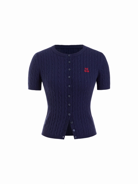 Maglione in misto lana a trecce con scollo rotondo e ricamo di ciliegie con bottoni