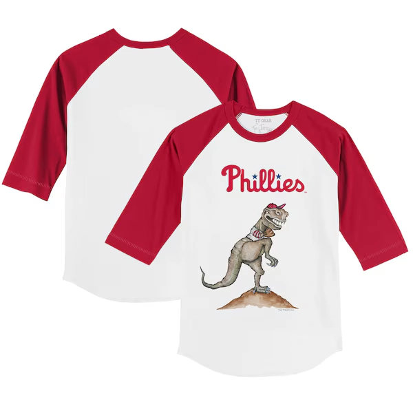 Youth Philadelphia Phillies Tiny Turnip White/Red TT Rex 3/4-Sleeve Raglan T-Shirt