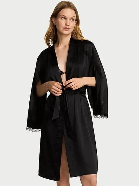 Victoria's Secret Women's Satin Lace-Trim Midi Robe