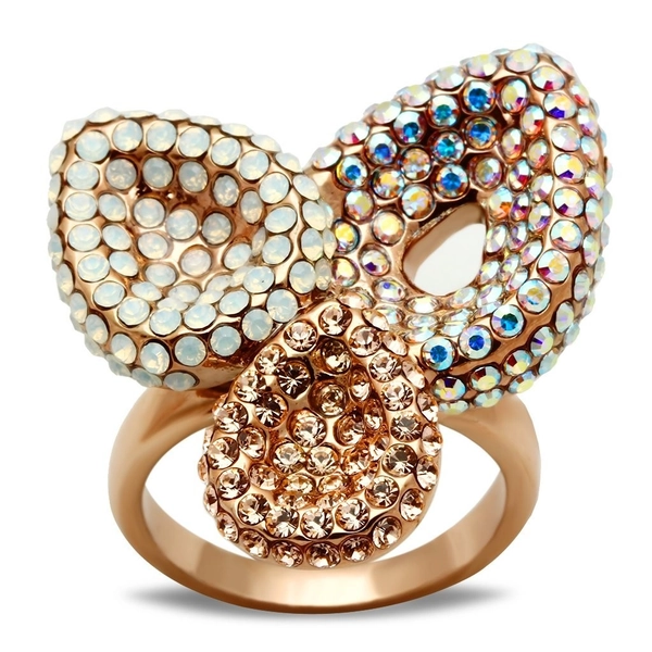 Aurora borealis Rose gold ring cocktail Rainbow cubic zirconia and champagne
